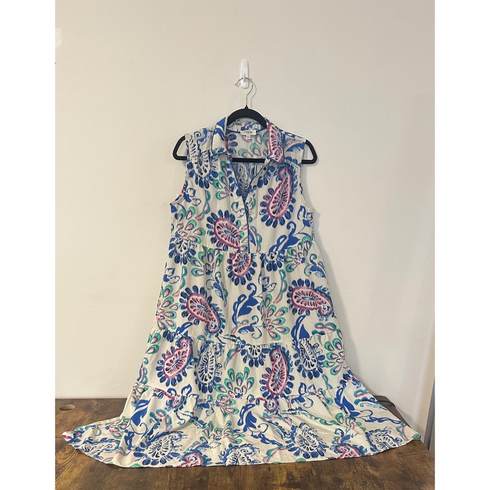 Umgee USA Sleeveless Tiered Midi Dress Blue Pink Paisley Ikat Print Womens L